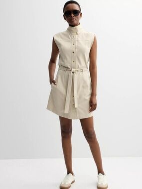 NWT Grey State Sleeveless High-Neck Belted Midi Dress in Beige-Cream